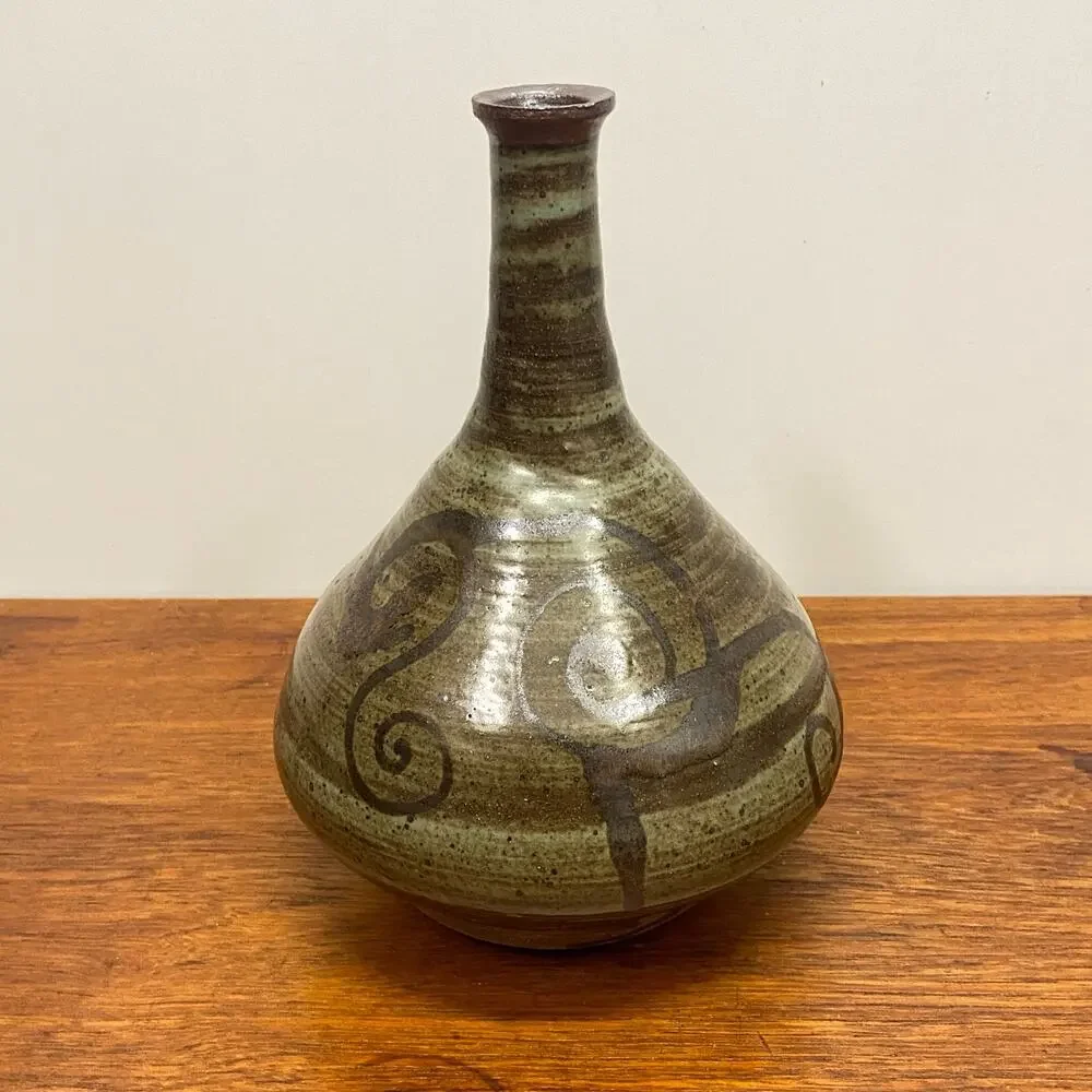 Vintage Studio Pottery Stoneware Bud Vase Swirl Design Artist Signed Pennebacker
